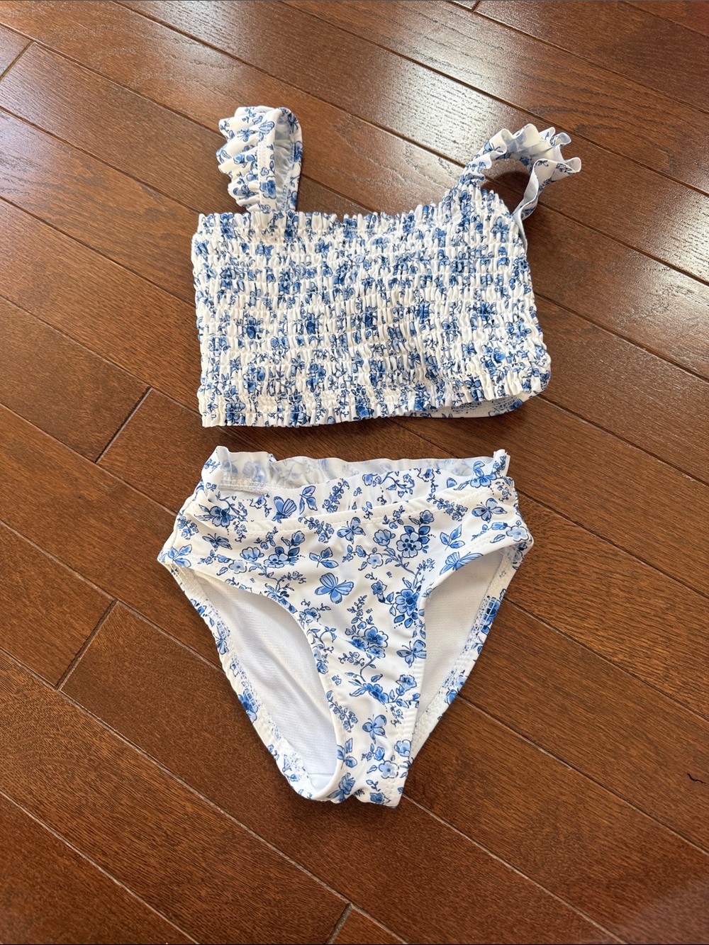 Little Me White and Blue Floral Smocked Two-Piece Swim Set